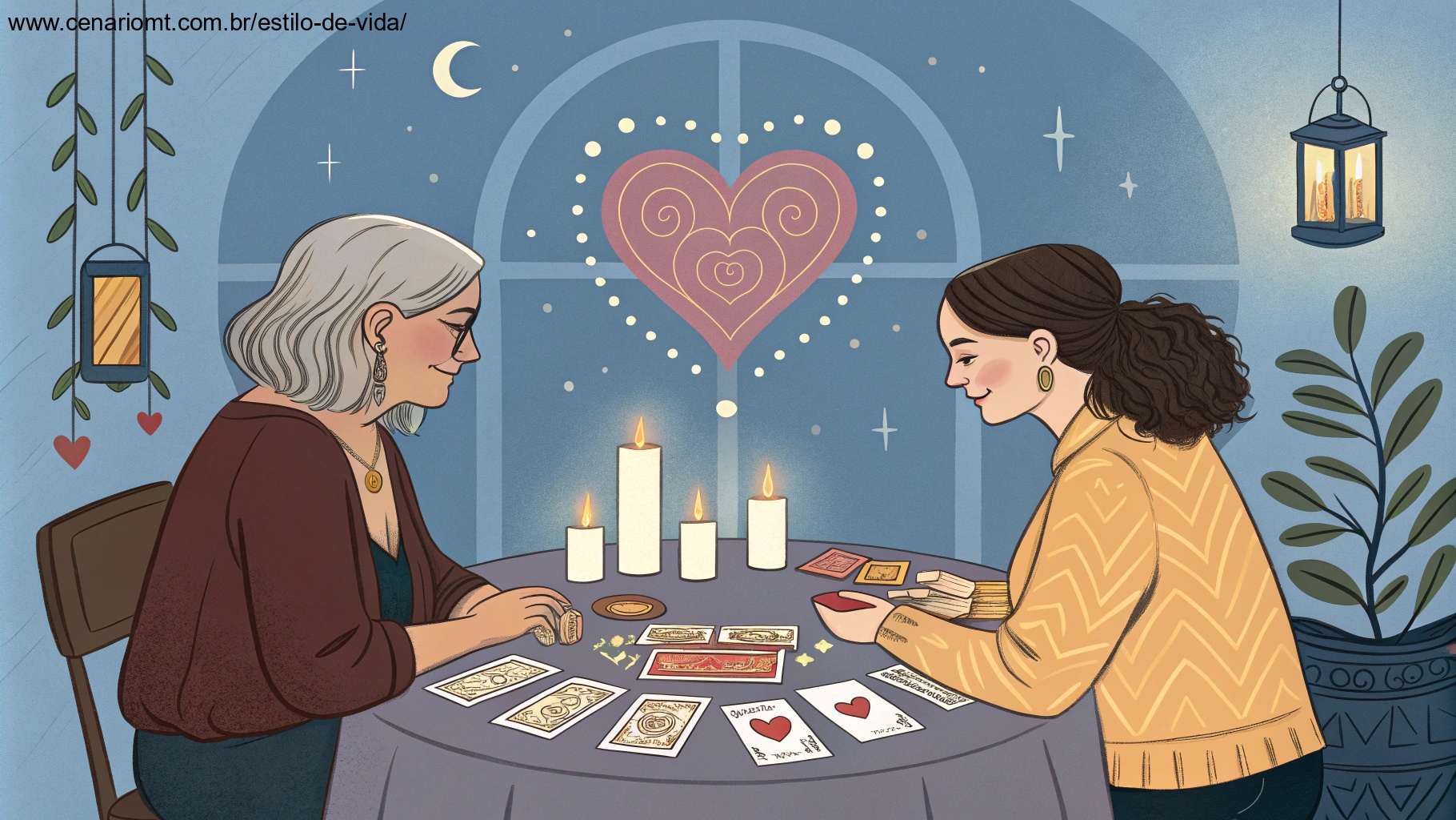 imagem de uma leitura de tarot focada no amor com cartas e velas