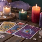 Imagem de uma leitura de tarot com cartas, velas e cristais, destacando o misticismo da Sexta-feira 13.