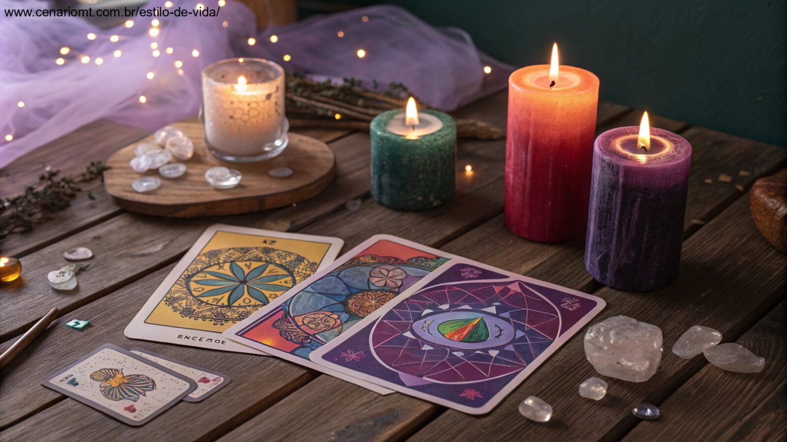 Imagem de uma leitura de tarot com cartas, velas e cristais, destacando o misticismo da Sexta-feira 13.