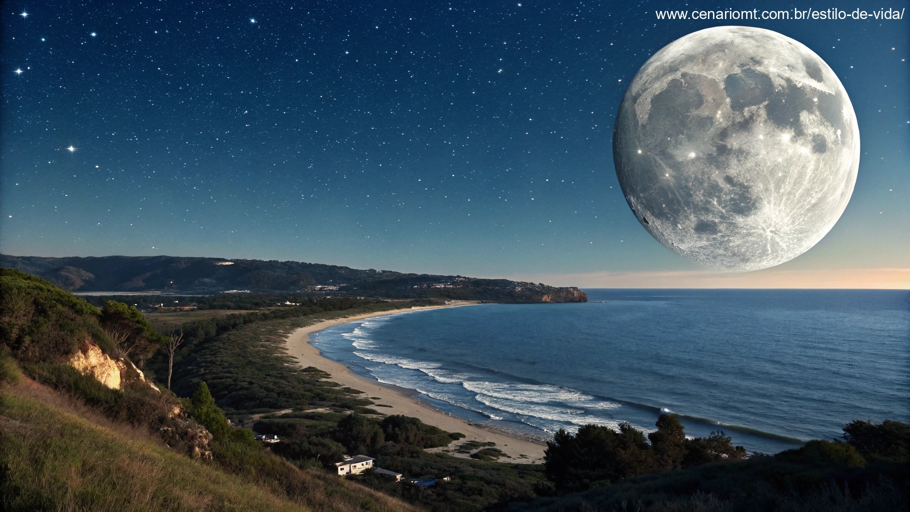 Ilustração da Lua Gibosa Crescente com 99% de iluminação e marés altas em uma paisagem costeira.
