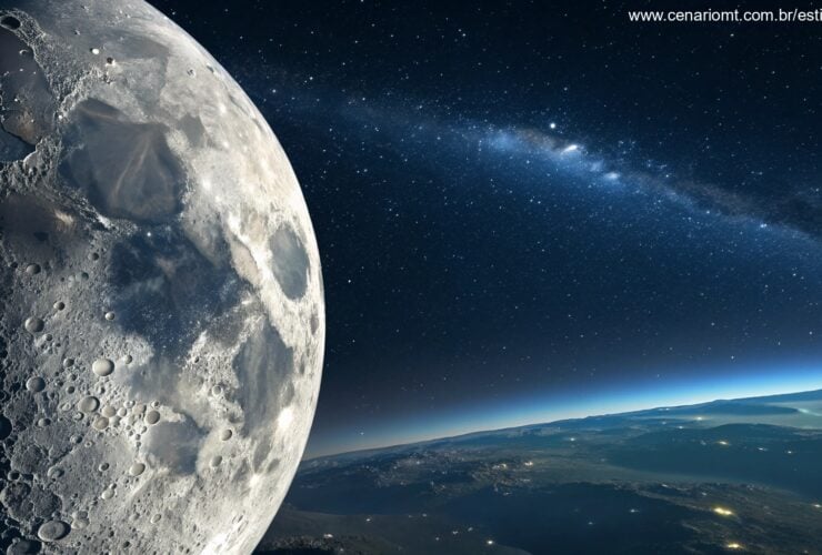 Ilustração da lua em fase de Primeiro Quarto com 54% de iluminação, destacando sua posição e distâncias no espaço.