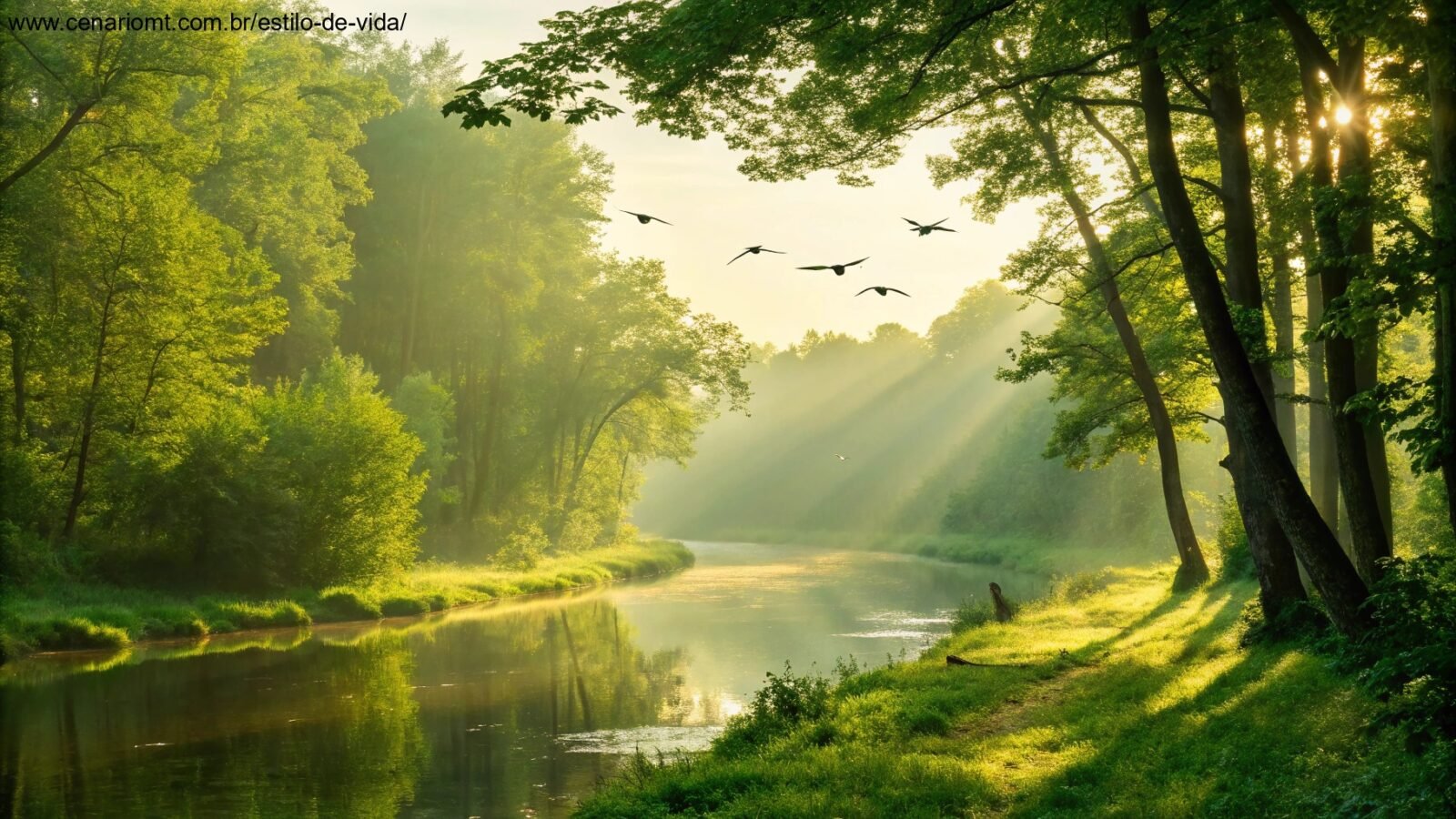 imagem de uma manhã tranquila com luz do sol entre árvores e um rio sereno