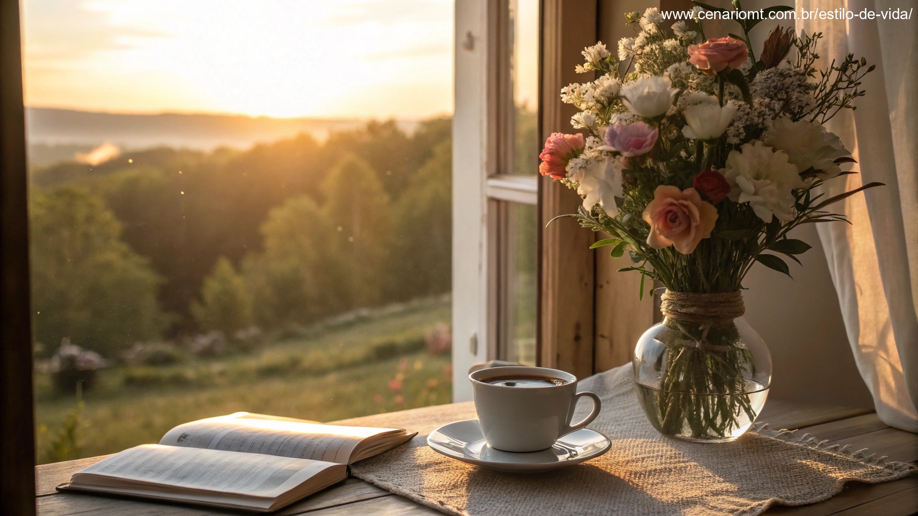 imagem de uma manhã aconchegante com luz suave e uma xícara de café em destaque