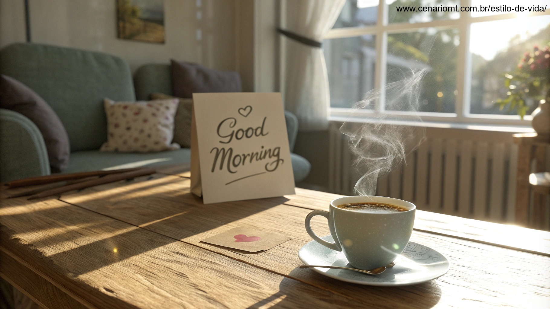 imagem de uma cena matinal aconchegante com uma xícara de café e um bilhete de bom dia