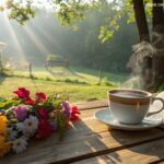 Imagem de uma manhã de domingo com raios de sol, café, flores e um livro aberto em um cenário acolhedor.