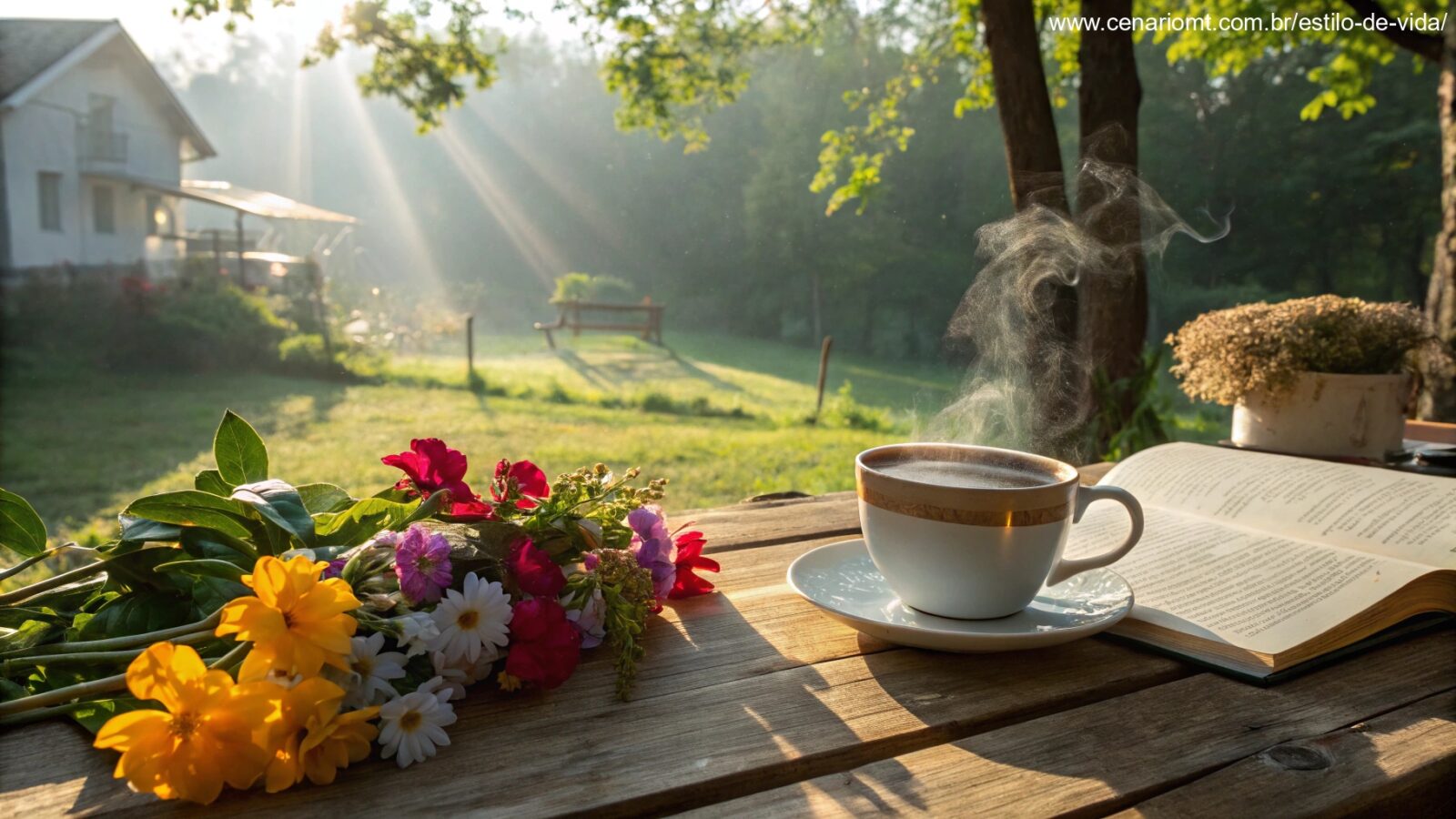 Imagem de uma manhã de domingo com raios de sol, café, flores e um livro aberto em um cenário acolhedor.