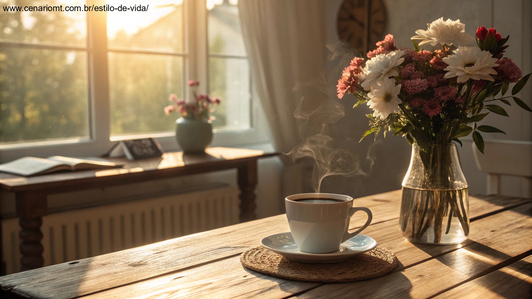 Imagem de uma manhã de domingo tranquila com xícara de café, flores e luz do sol.