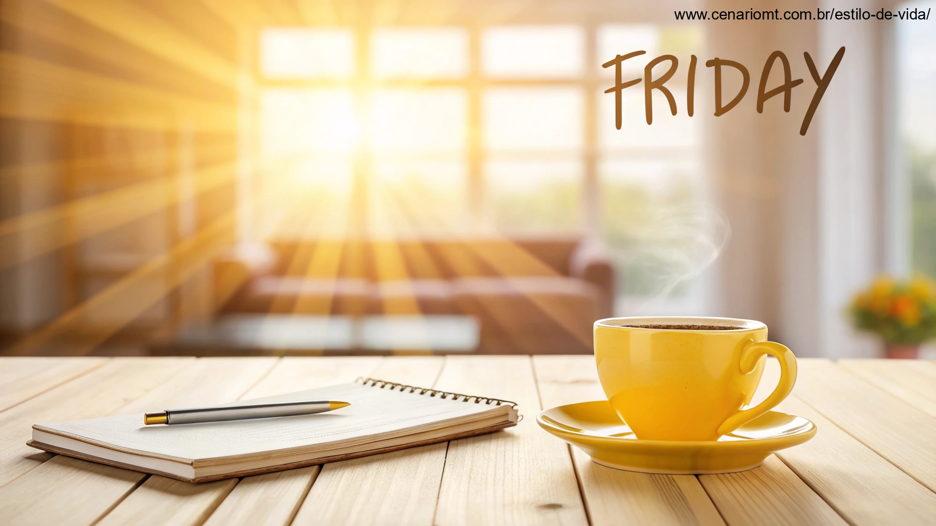 imagem de uma manhã ensolarada com café e caderno simbolizando inspiração e positividade
