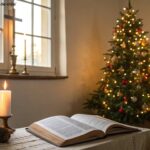 Imagem de uma manhã de Natal tranquila com luz natural, árvore decorada e uma Bíblia em uma mesa.