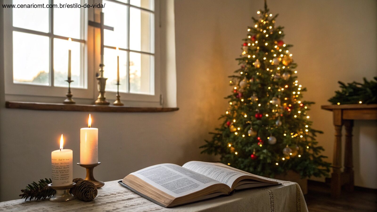 Imagem de uma manhã de Natal tranquila com luz natural, árvore decorada e uma Bíblia em uma mesa.