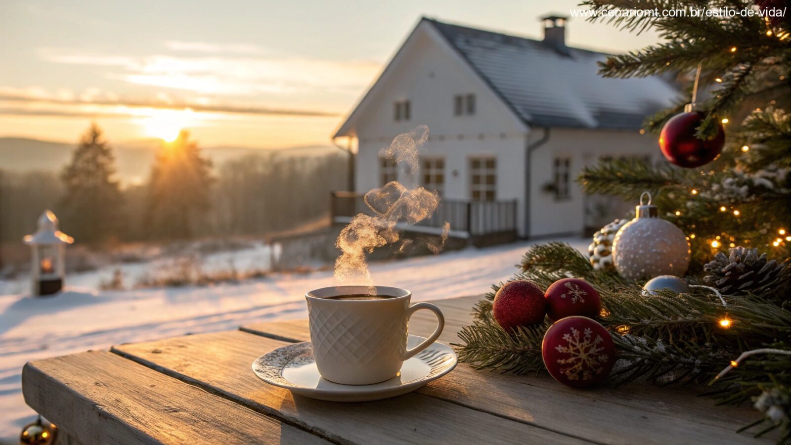 imagem de uma manhã de Natal tranquila com uma xícara de café em uma mesa decorada para o Natal
