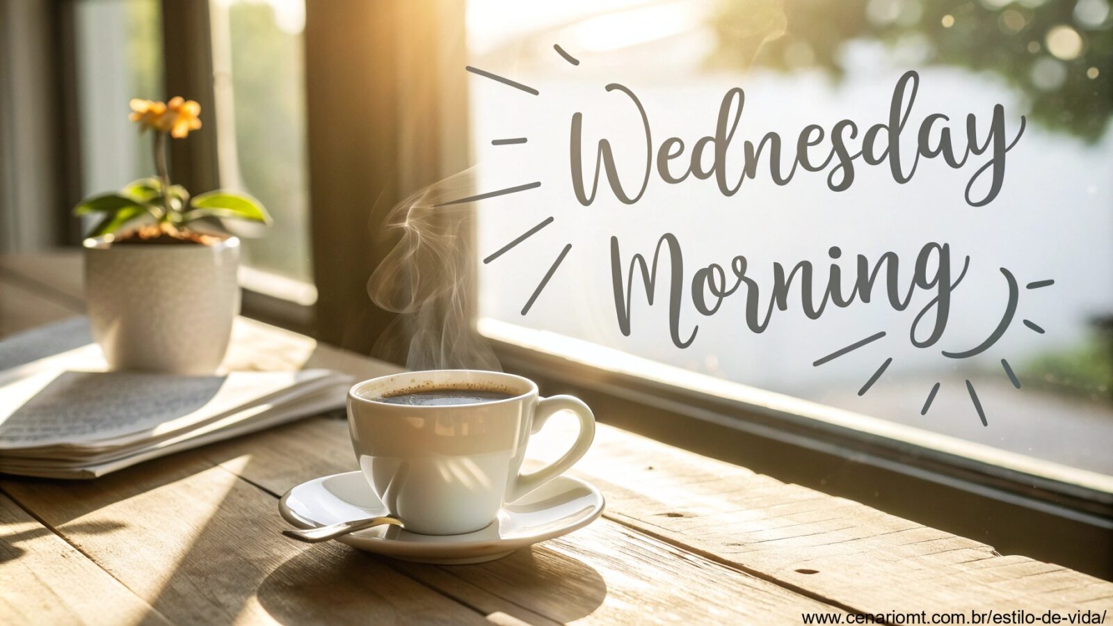 Imagem de uma manhã de quarta-feira com luz do sol e uma xícara de café em destaque.