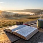 Imagem de uma manhã serena com uma Bíblia aberta, um café e raios de sol ao fundo, simbolizando fé e inspiração.