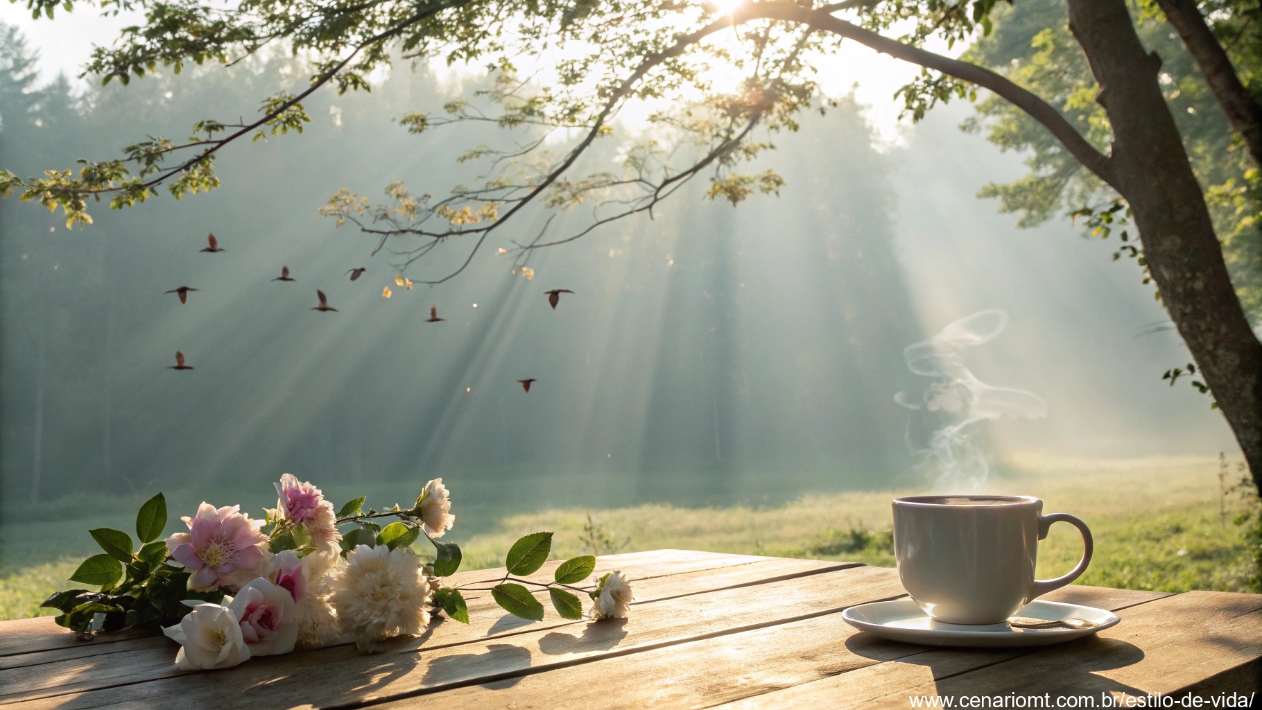 Imagem de uma manhã serena com raios de sol, café e flores, transmitindo carinho.