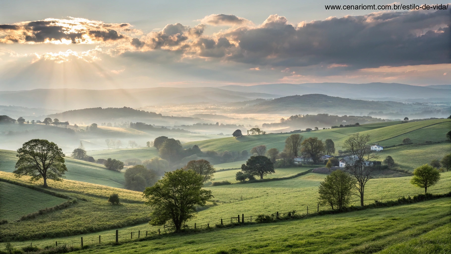 Imagem de uma manhã serena com luz do sol suave iluminando o campo, simbolizando fé e gratidão.