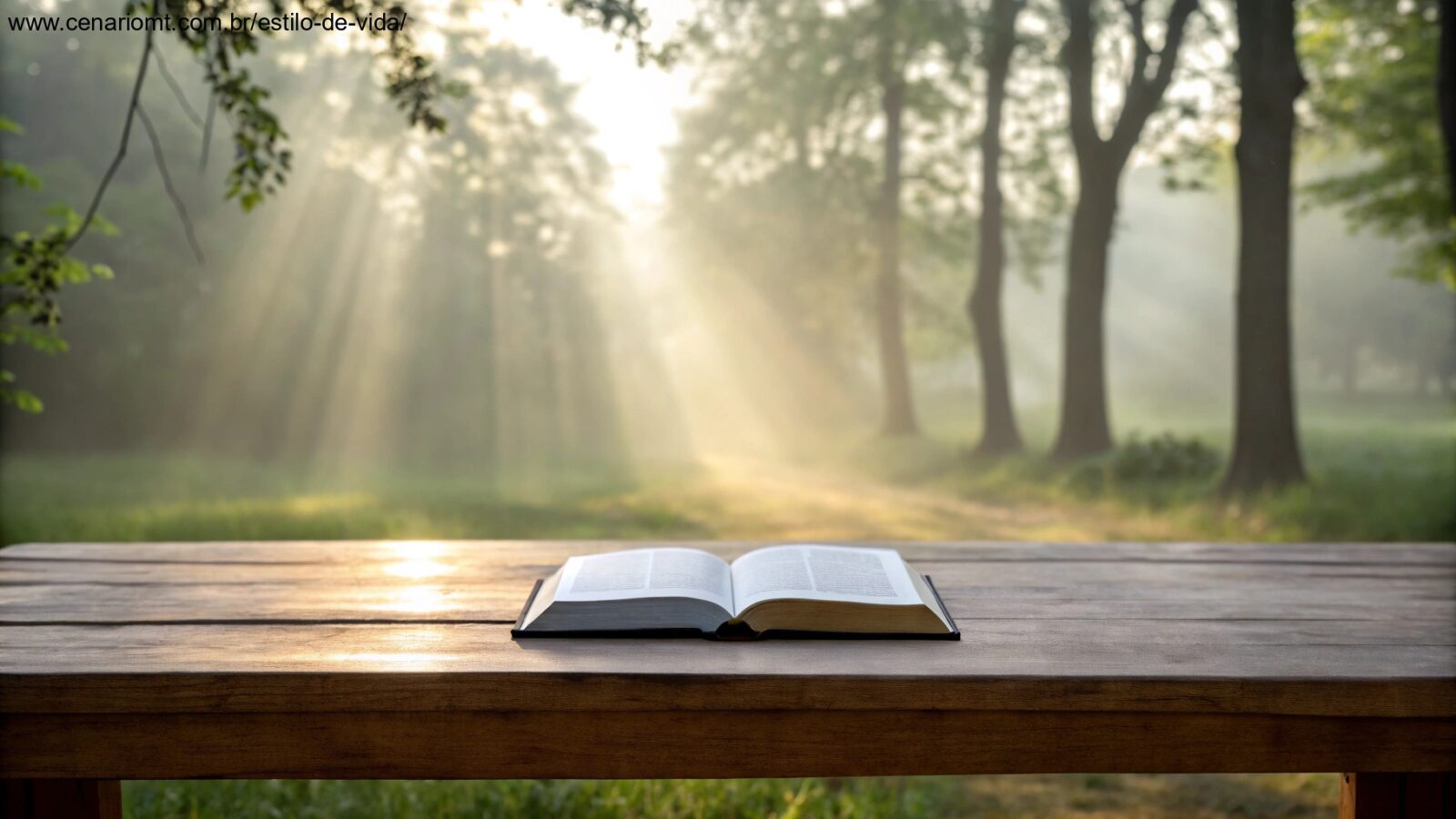 Imagem de uma Bíblia sobre uma mesa de madeira ao ar livre, com luz suave do sol filtrando pelas árvores, representando fé e esperança.