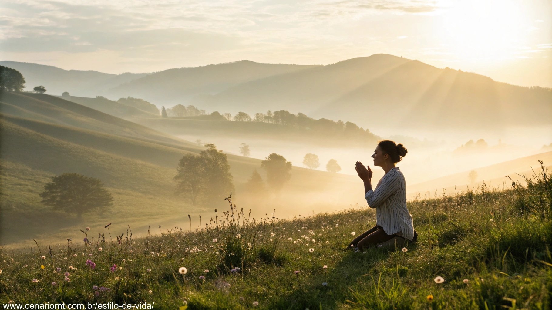 Imagem de uma manhã serena com luz suave e uma pessoa em oração em meio à natureza.