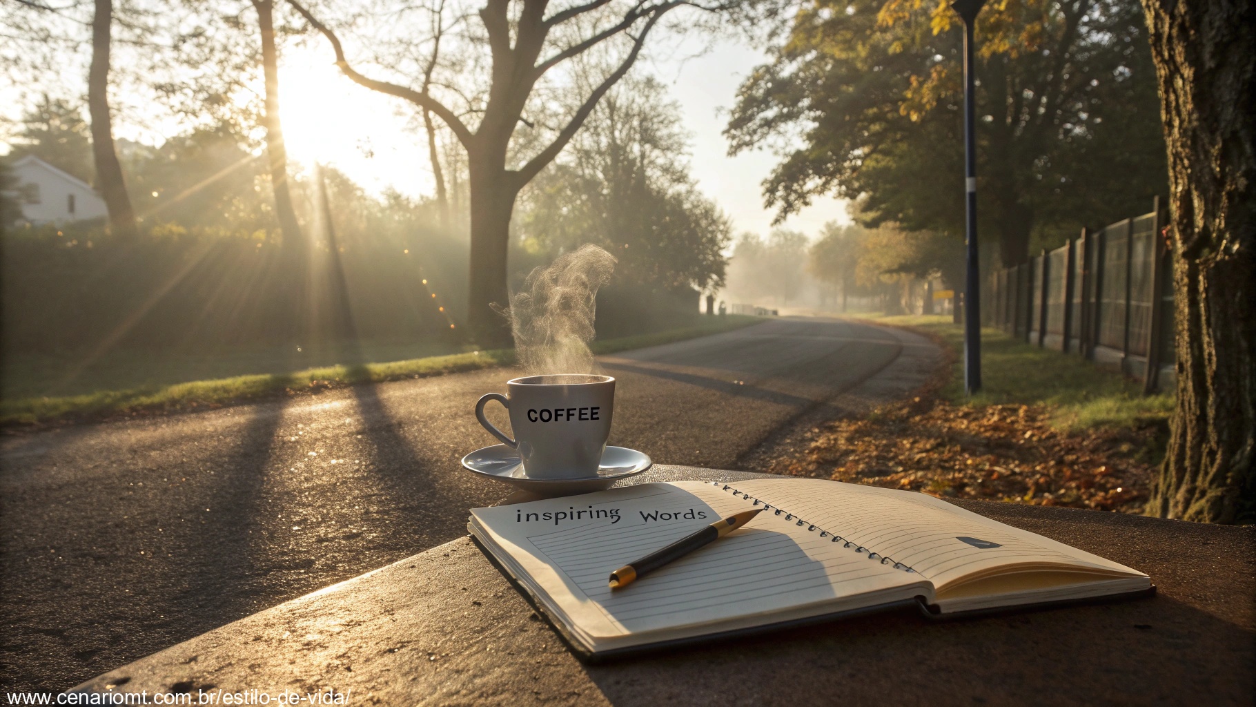 Imagem de uma manhã tranquila com raios de sol e uma xícara de café sobre a mesa