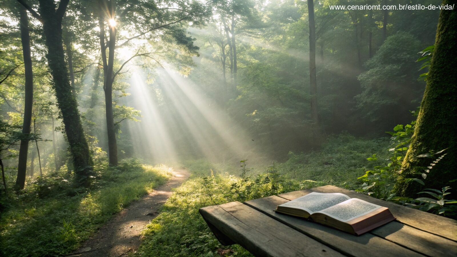 Imagem de uma manhã tranquila de domingo com luz do sol entre árvores e uma Bíblia sobre uma mesa de madeira.