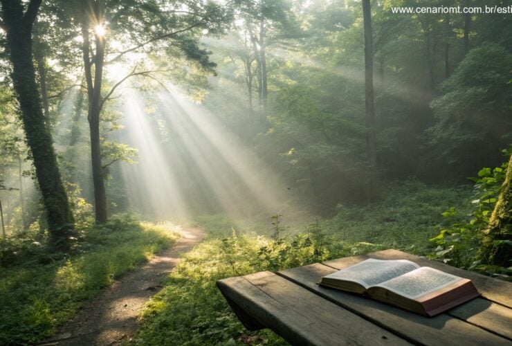 Imagem de uma manhã tranquila de domingo com luz do sol entre árvores e uma Bíblia sobre uma mesa de madeira.
