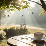Imagem de uma manhã de domingo tranquila com luz solar suave e uma xícara de café.