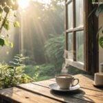 imagem de uma manhã de domingo com sol entrando pela janela e uma xícara de café sobre a mesa