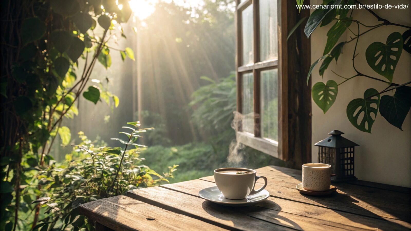 imagem de uma manhã de domingo com sol entrando pela janela e uma xícara de café sobre a mesa