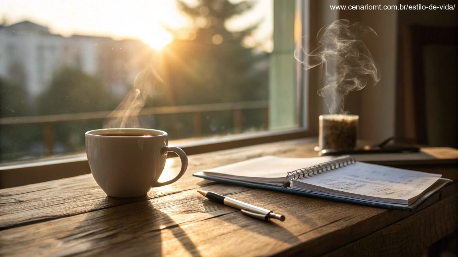 Cena matinal com luz suave entrando pela janela, xícara de café e bloco de notas, simbolizando inspiração e tranquilidade.