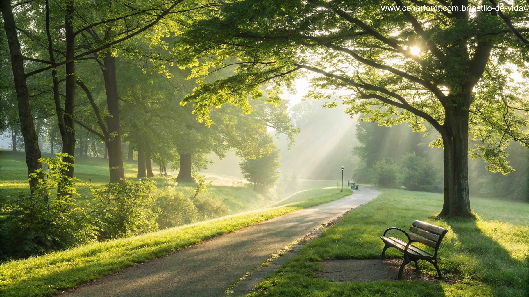 Imagem de uma manhã serena com raios de sol entre as árvores, simbolizando positividade e um novo começo