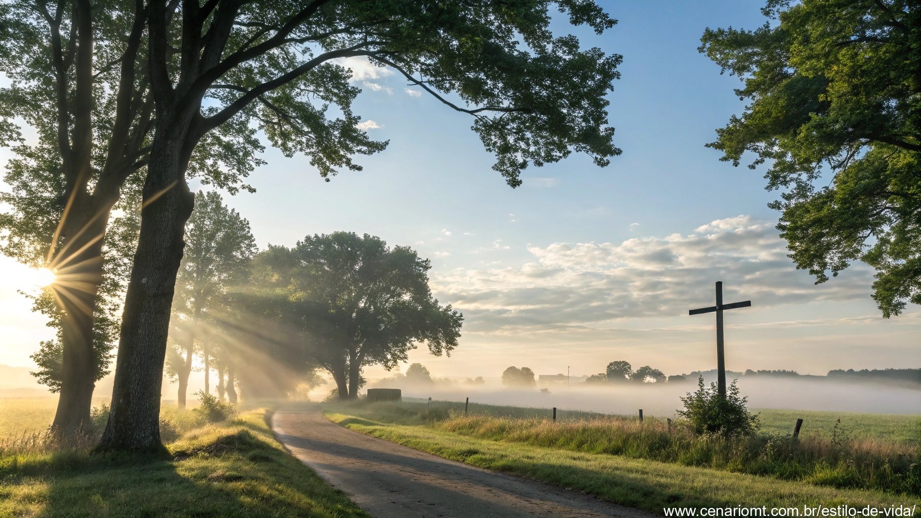 imagem de uma manhã tranquila de sábado com luz suave e árvores, simbolizando fé e esperança cristã
