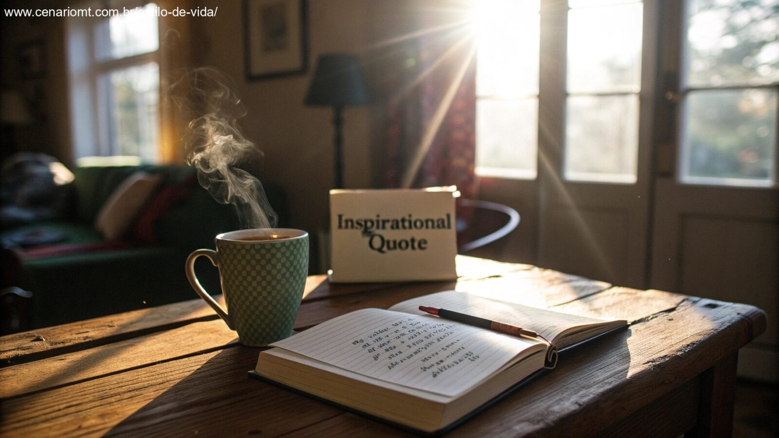 Cena de uma manhã tranquila com luz do sol, café e caderno com frase inspiradora