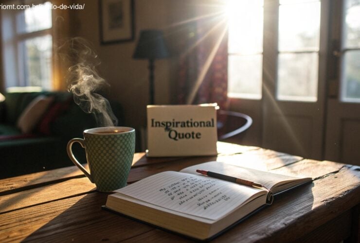Cena de uma manhã tranquila com luz do sol, café e caderno com frase inspiradora