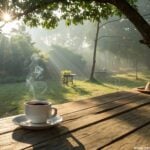 imagem de uma manhã de sábado tranquila com raios de sol entre árvores e uma xícara de café