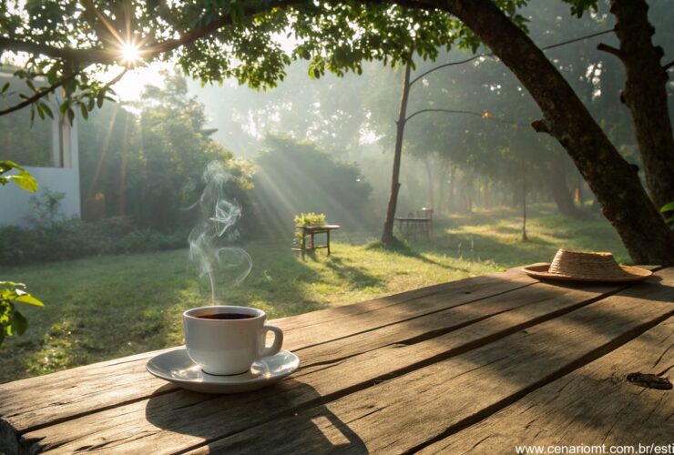 imagem de uma manhã de sábado tranquila com raios de sol entre árvores e uma xícara de café