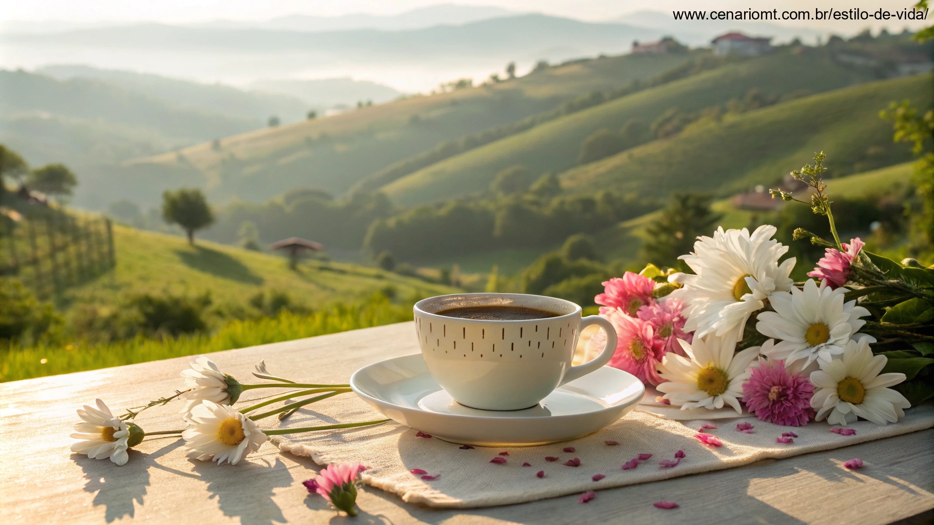 imagem de uma manhã ensolarada com xícara de café, flores e paisagem rural ao fundo
