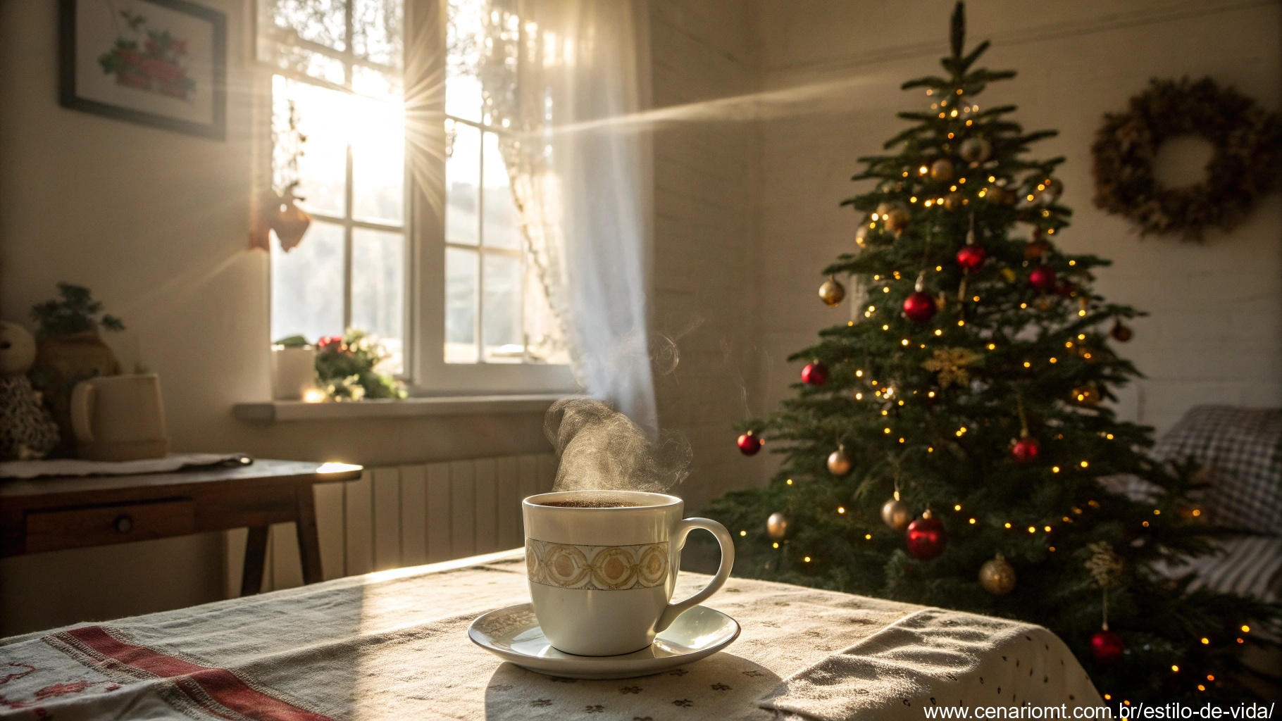 imagem de uma manhã de Natal com árvore decorada e raios de sol entrando pela janela