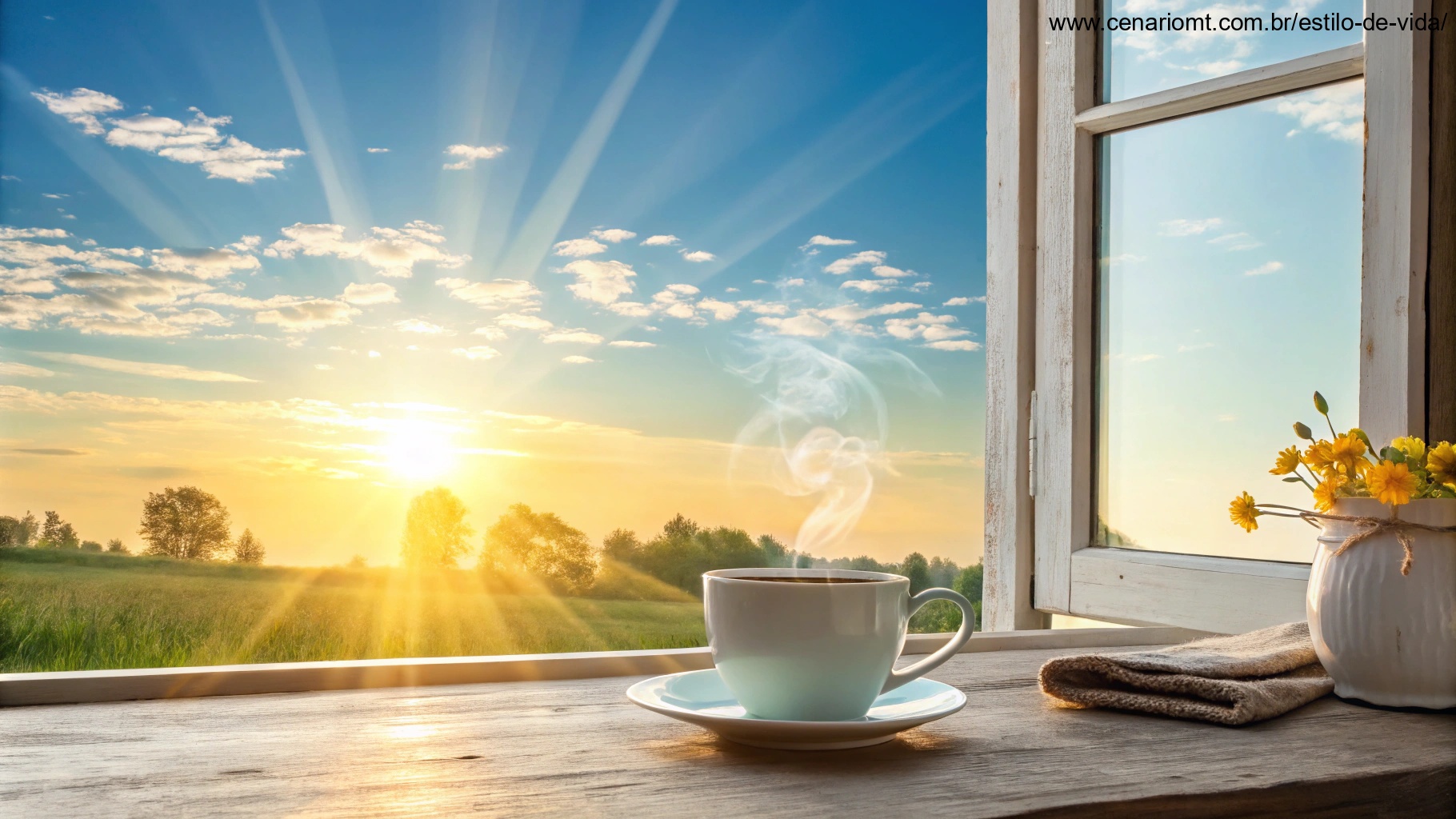 Cena de uma manhã ensolarada de quarta-feira com uma xícara de café e um nascer do sol ao fundo