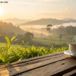 Imagem de uma manhã ensolarada com uma xícara de café em uma mesa de madeira ao lado de uma janela com vista para a natureza.