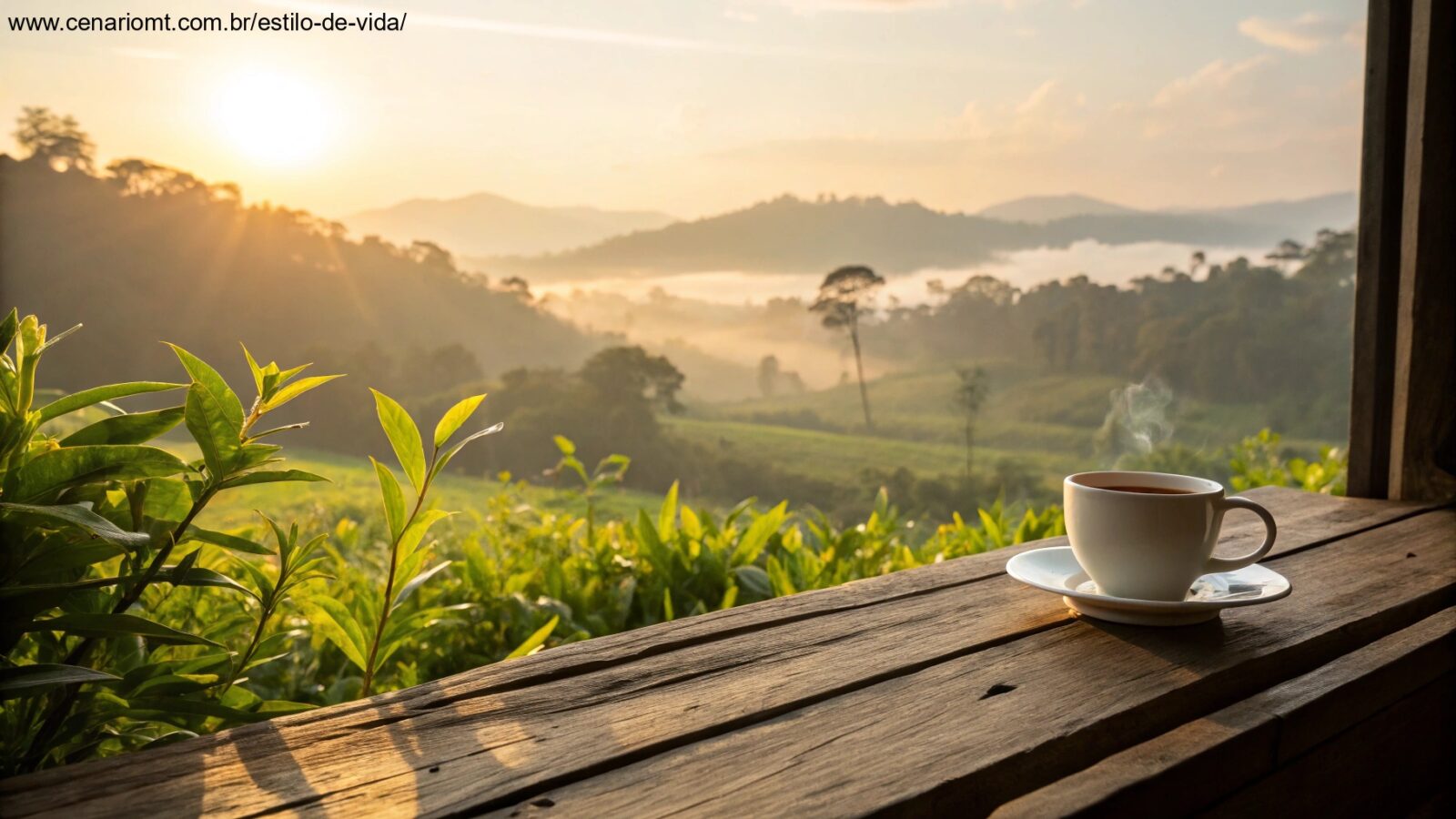 Imagem de uma manhã ensolarada com uma xícara de café em uma mesa de madeira ao lado de uma janela com vista para a natureza.