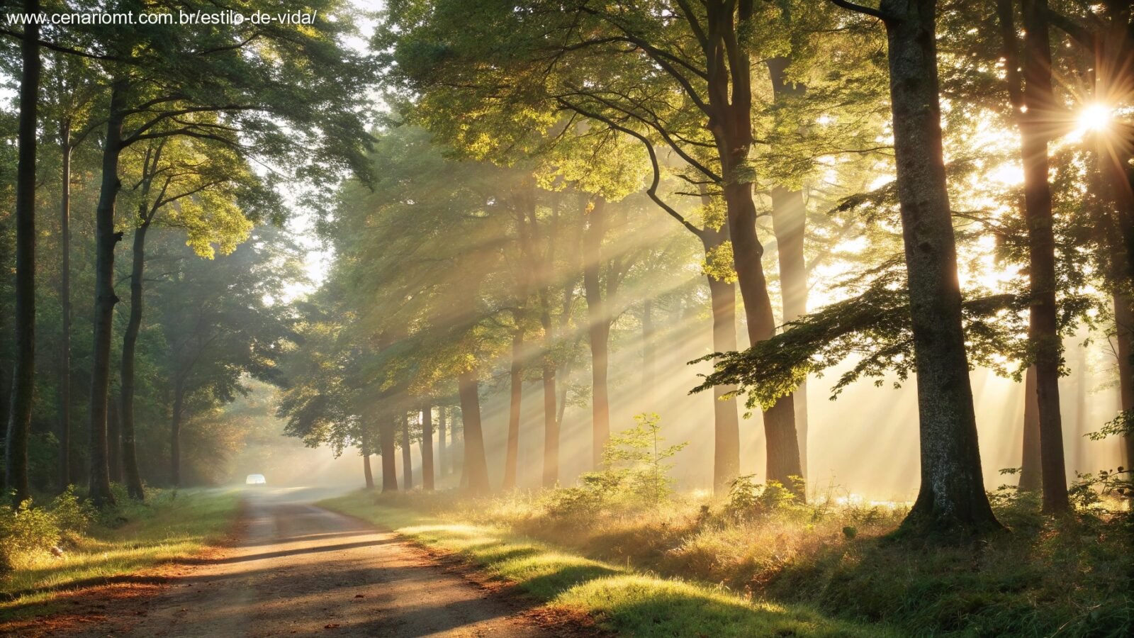 imagem de uma manhã serena com raios de sol iluminando uma floresta, simbolizando esperança e bênçãos