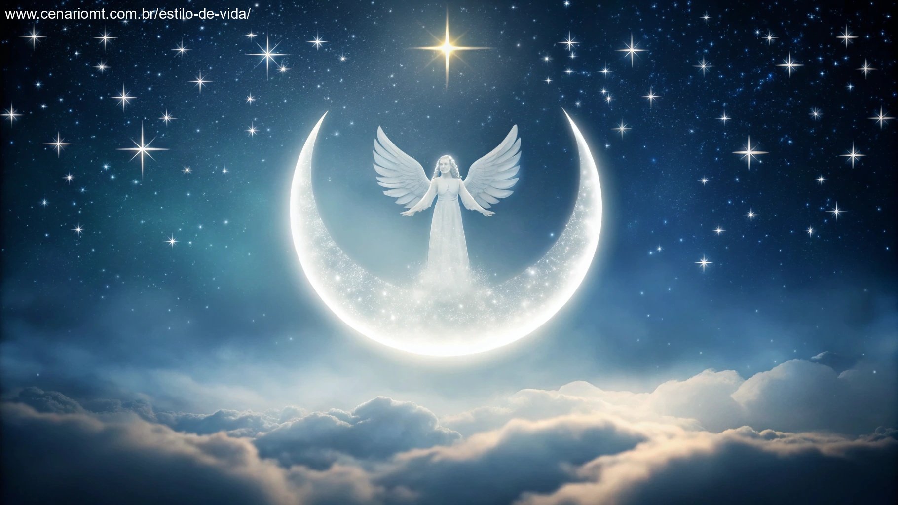 Imagem de uma noite tranquila com lua crescente e céu estrelado, representando paz e bênçãos.