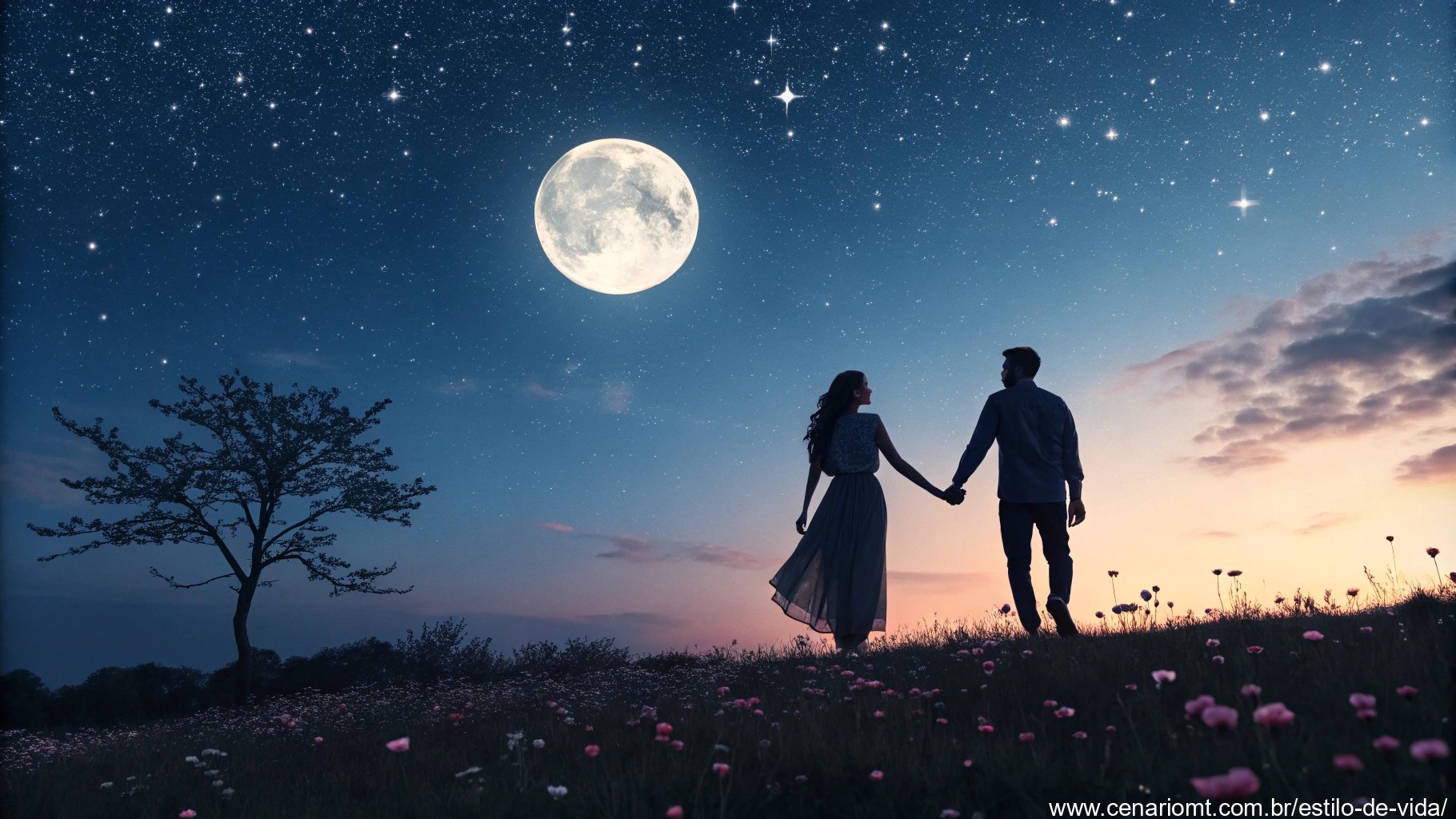 imagem de um casal sob um céu estrelado, representando romantismo e tranquilidade