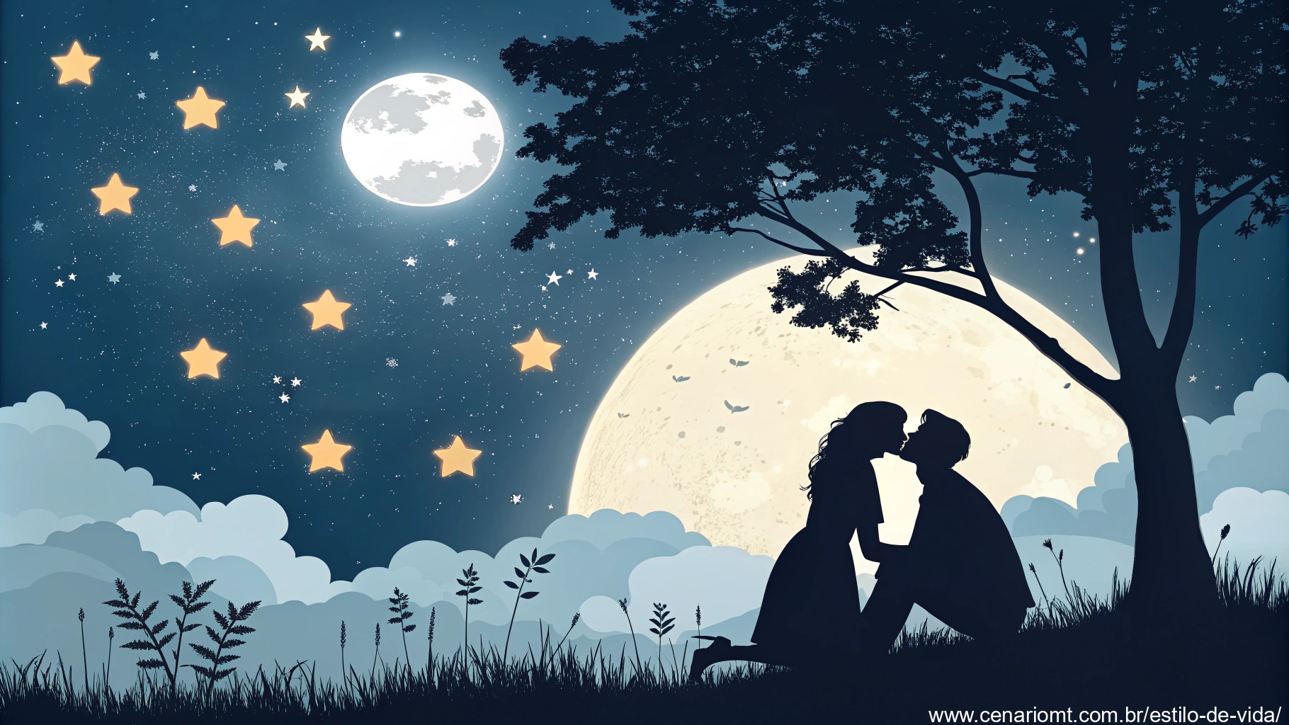 imagem de um casal apaixonado sob a luz do luar em uma noite tranquila