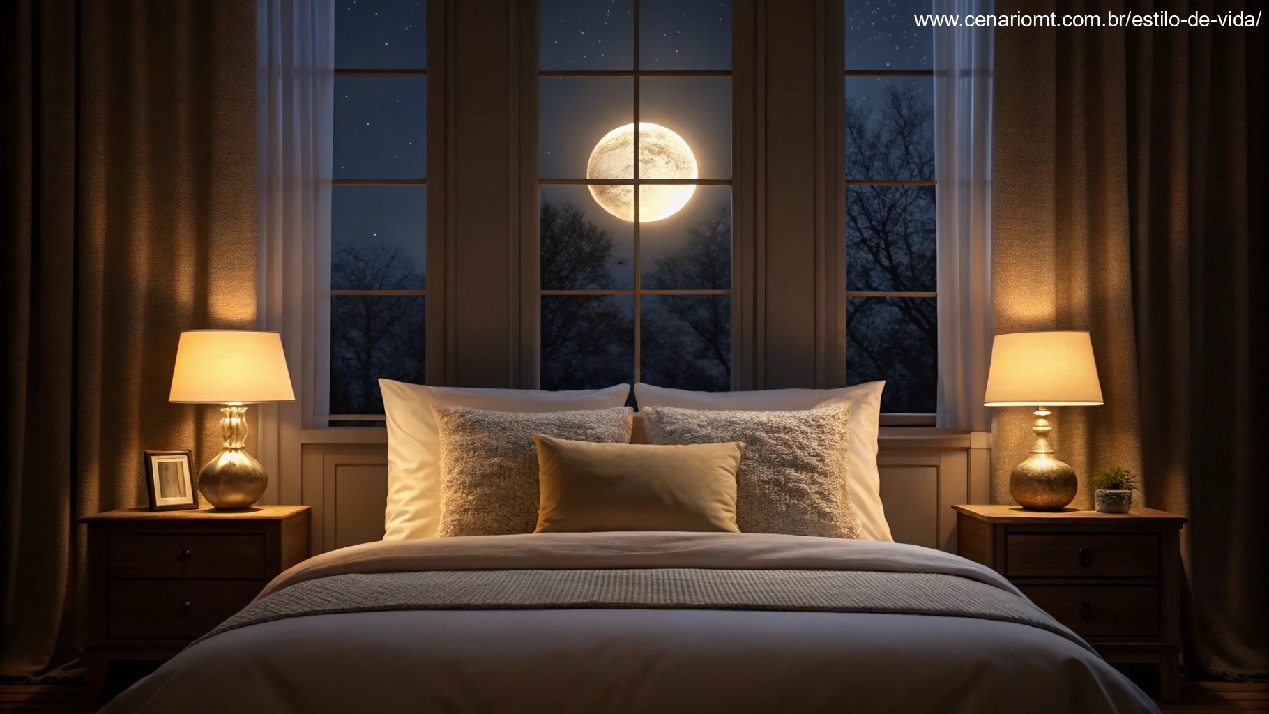 Imagem de um quarto aconchegante com luz suave e uma lua brilhante ao fundo, ideal para mensagens de boa noite.