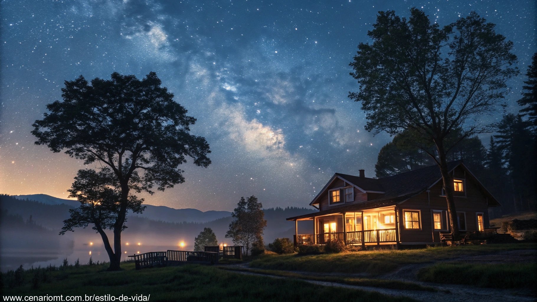 Imagem de um cenário noturno tranquilo com luzes suaves e ambiente acolhedor, ideal para transmitir carinho.