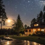 Cena de boa noite com céu estrelado e casa acolhedora cercada por árvores, ideal para mensagem de domingo
