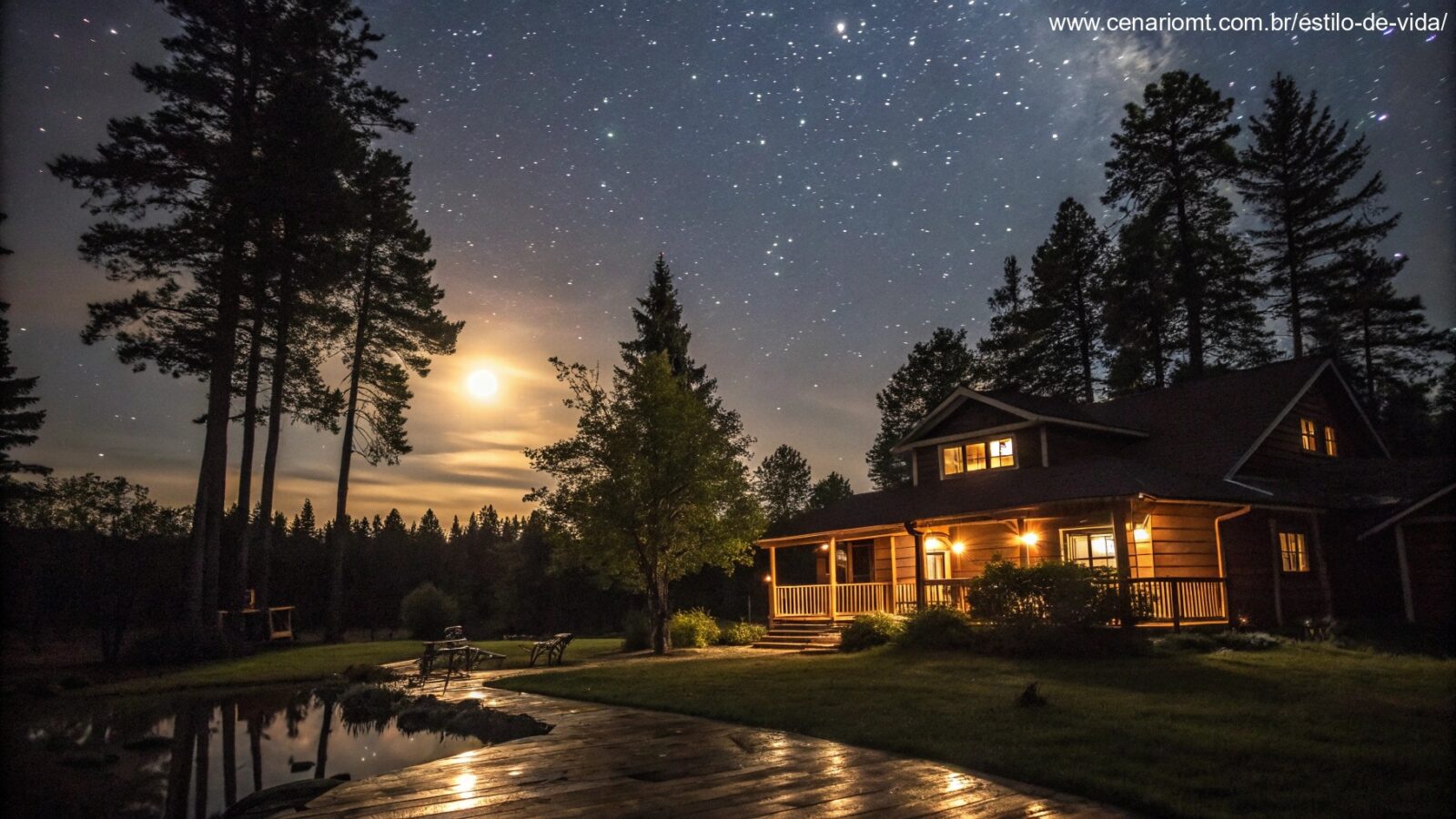 Cena de boa noite com céu estrelado e casa acolhedora cercada por árvores, ideal para mensagem de domingo
