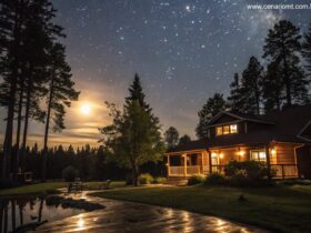 Cena de boa noite com céu estrelado e casa acolhedora cercada por árvores, ideal para mensagem de domingo