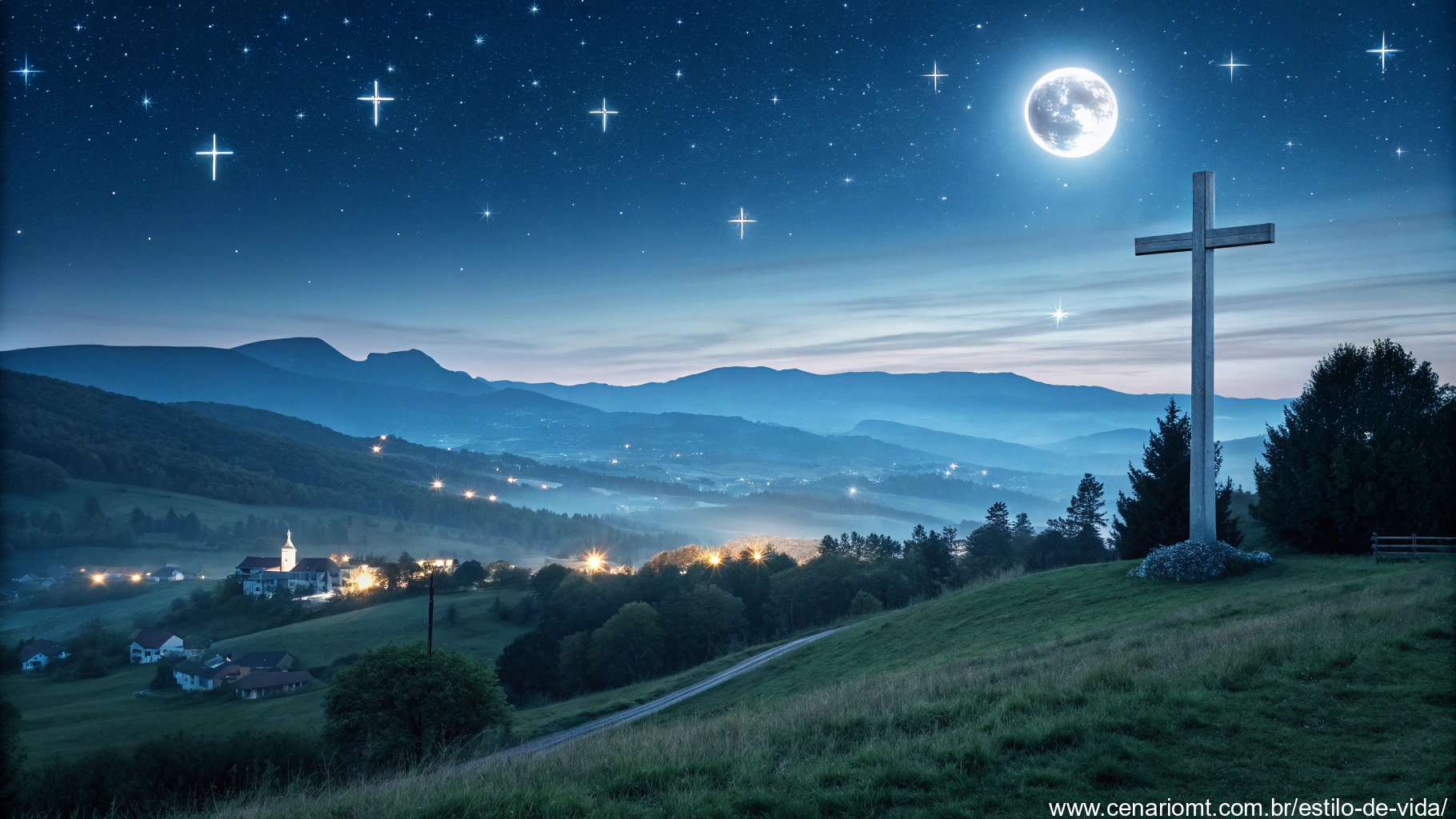 imagem de uma paisagem noturna serena com uma cruz brilhante no céu, simbolizando fé e proteção divina