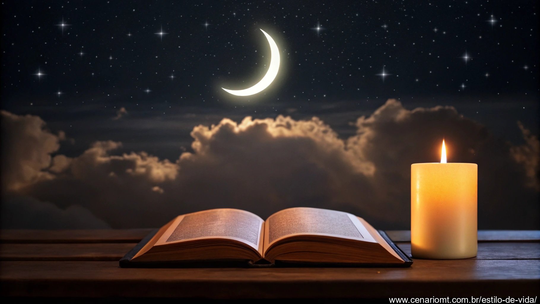 Imagem de uma Bíblia aberta ao lado de uma vela acesa, com uma lua crescente ao fundo.